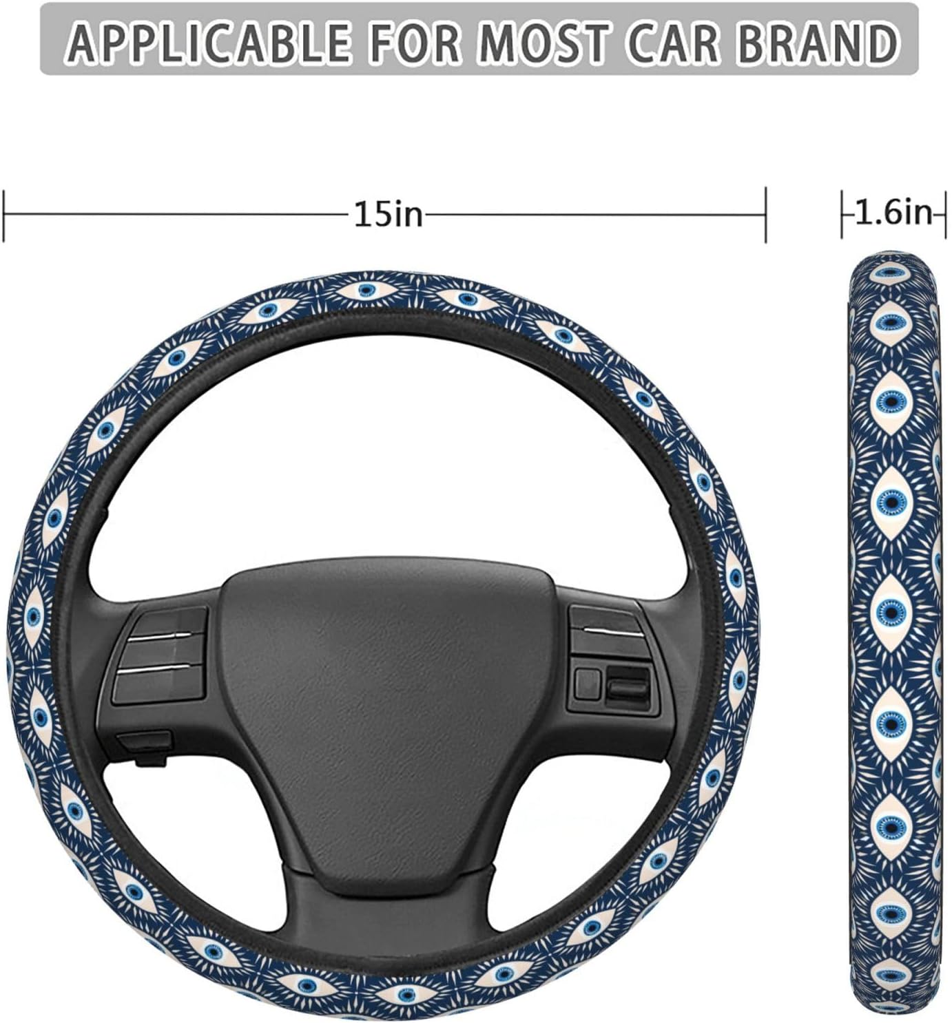 Blue Evil Eye Car Steering Wheel Cover Auto Steering Wheel Protector Anti-Slip Elasticity and Breathable Car Accessories Universal 15 Inch for Cars SUV Sedan Vans Trucks