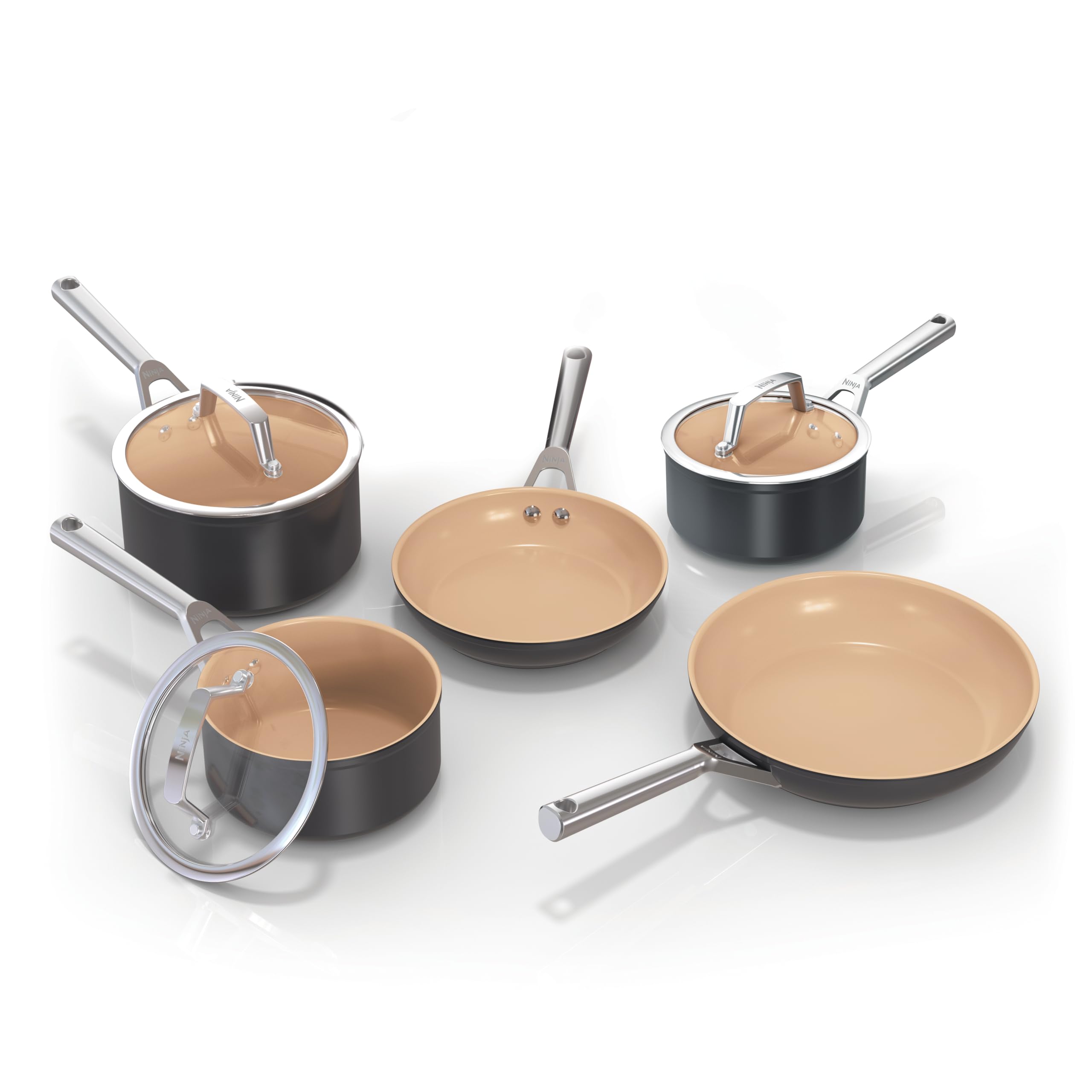 Ninja Extended Life 5-Piece Ceramic Cookware Set (20 & 24cm Frying Pans + 16 18 & 20cm Saucepans & Lids) Non-Stick (No PFAs PFOAs Lead or Cadmium) Oven Safe to 285°C Terracotta & Grey CW95000UK