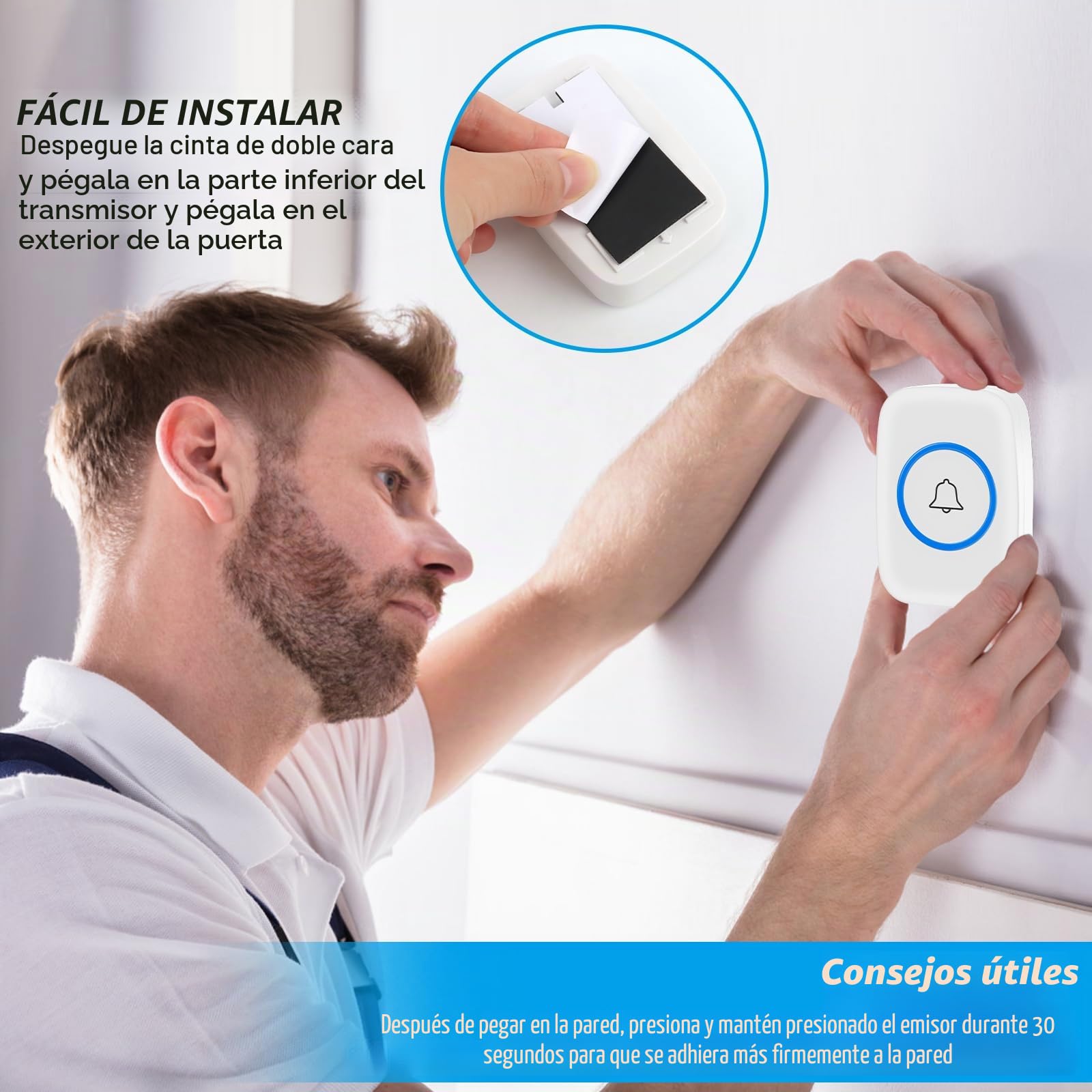 VFANDV Timbre Inalámbrico Exterior Impermeable, IP44 Impermeable Doorbell 300M, Kit de Timbre Inalambrico, 5 Niveles de Volumen y 60 Melodías, Indicador LED para Hogar, Salón, Oficina (Blanco)