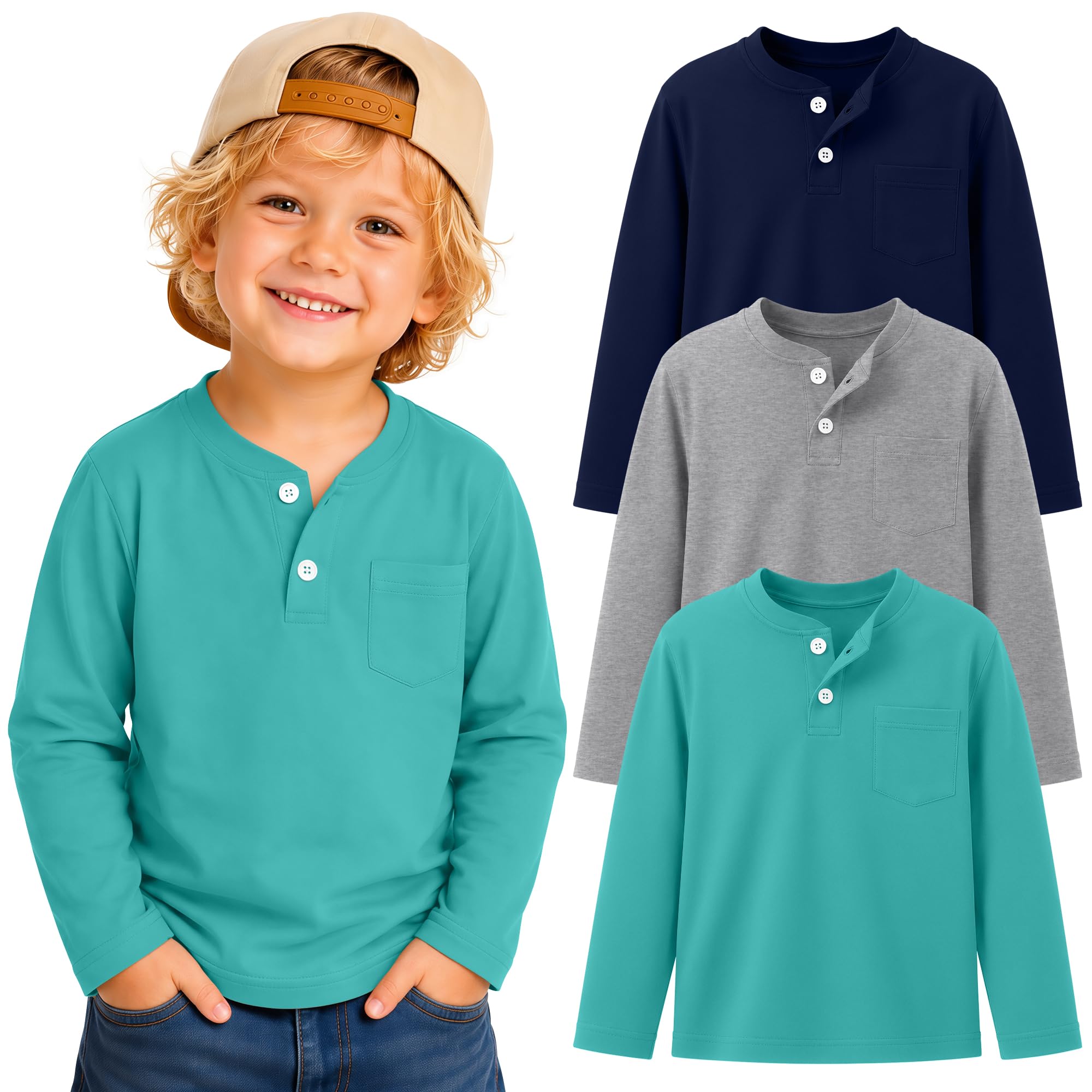 3 Pack Toddler Boy Long Sleeve Henley Tops 18M-5T