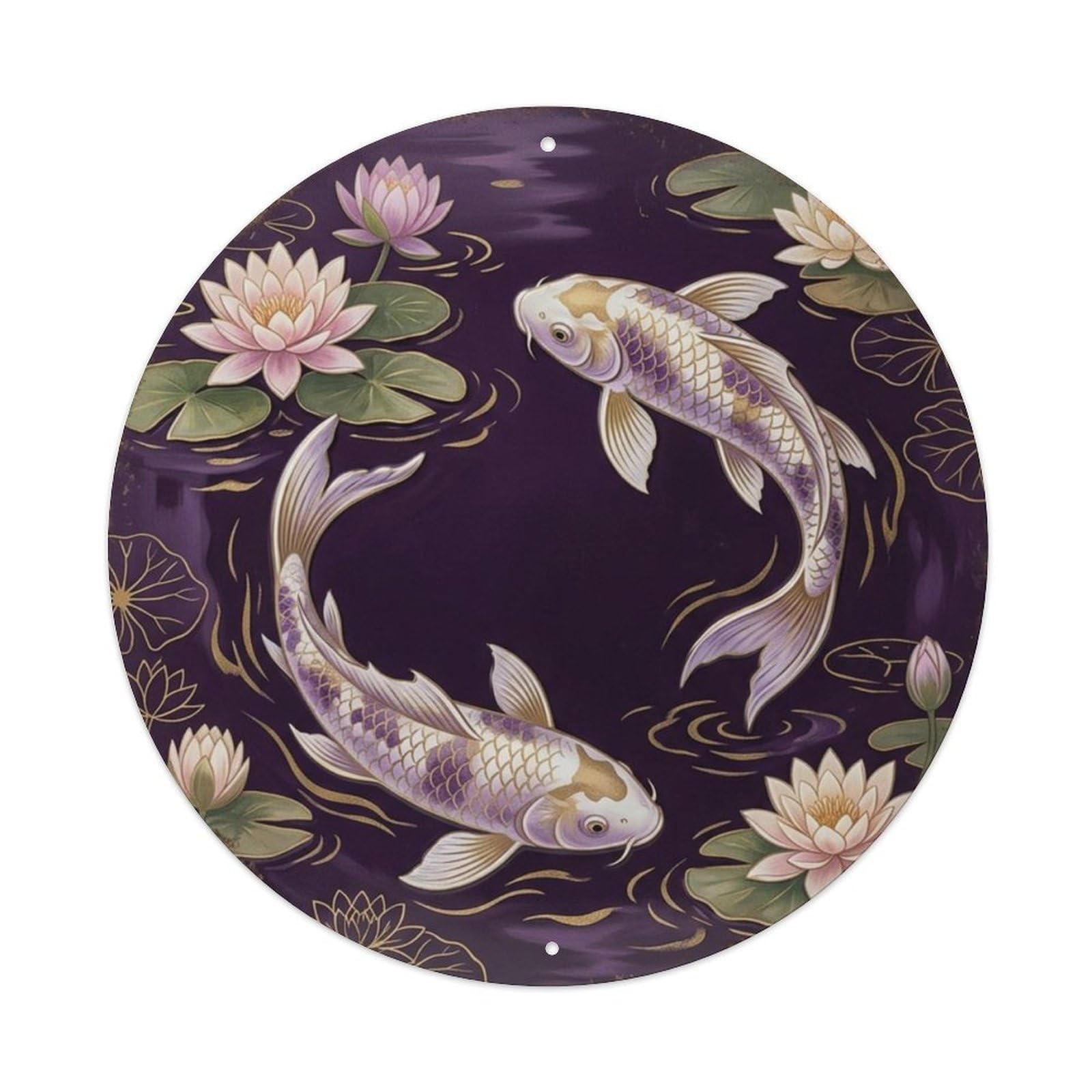 Fqcyn Style Koi Fish Aubergine Twilight Pond Livingroom Metal Tin Sign Plaque Wall Decor For Cafe, Club Bar, Office, Home Garden Round Metal Poster 8X8inch