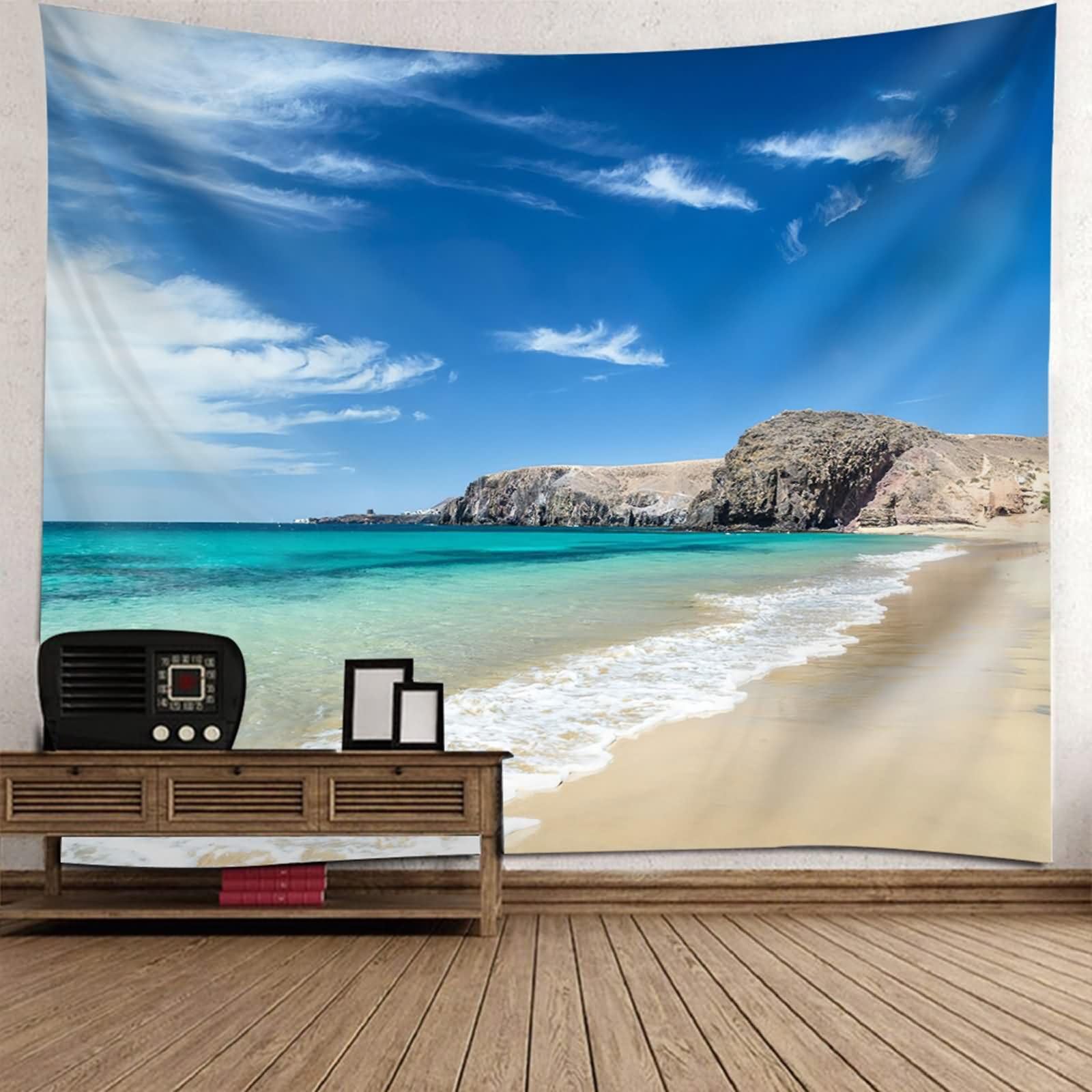 Homxi Tapices Habitación 260 x 240 CM,Paisaje de Playa Tapiz Sofa Poliester Azul Verde Caqui