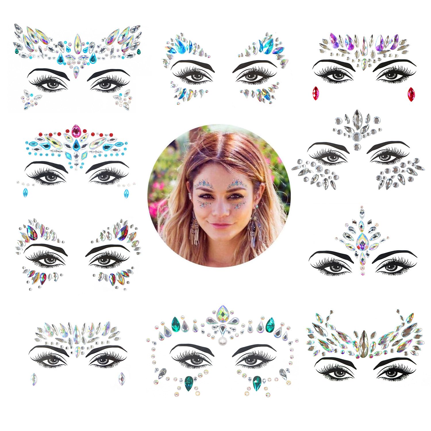 Face Gems, 10 Sets Mermaid Face Jewels for Party, Rave Festival Bright