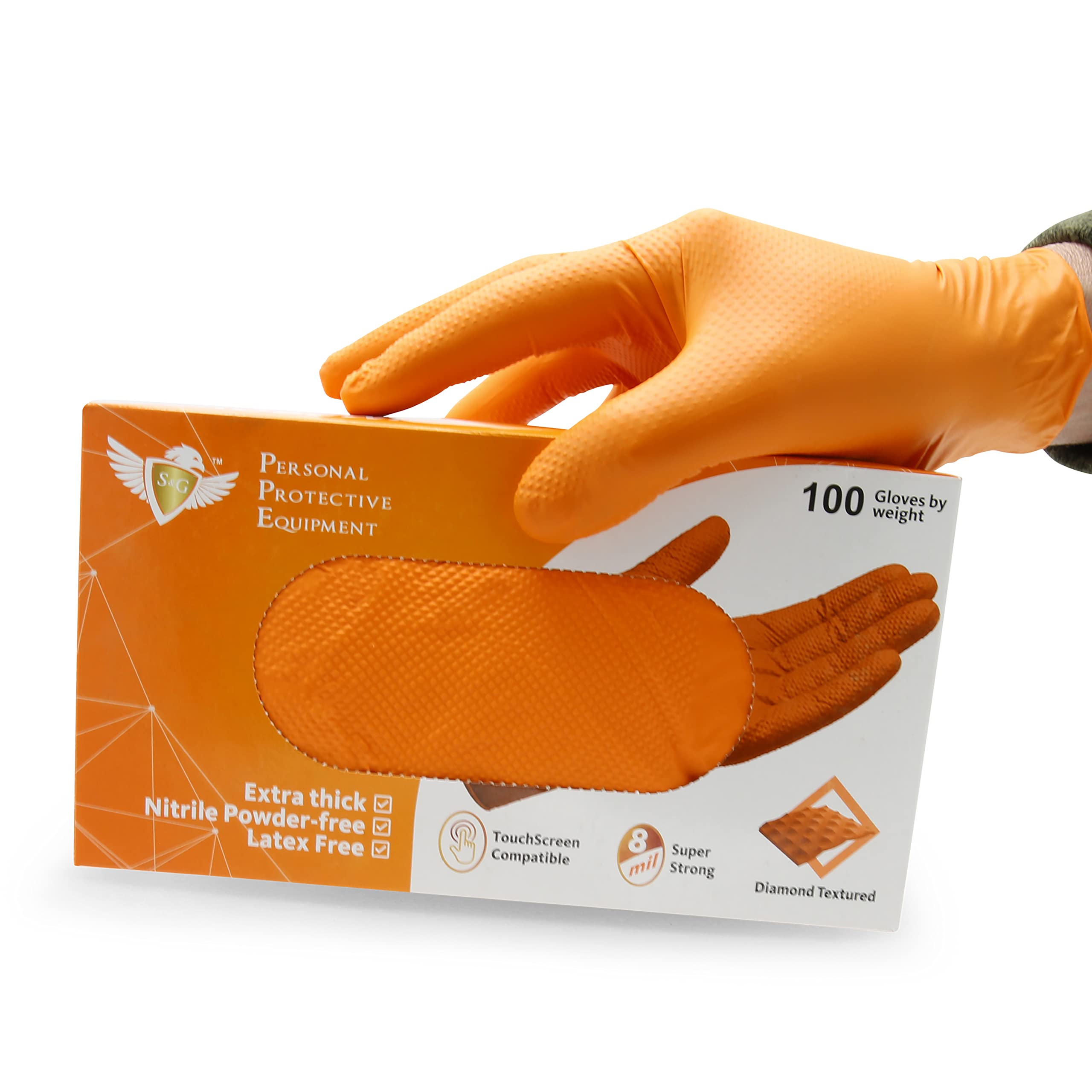 S&GOrange Nitrile Gloves, 100 Pcs- Medium, Large, XL | Disposable Latex-Free 8Mil Thick Heavy Duty Powder-Free