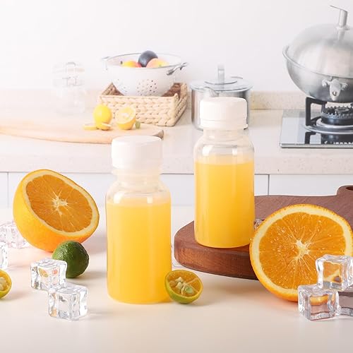Miniatura 6 de zmybcpack Paquete de 24 botellas de jugo de plástico de polipropileno de 3.4 fl oz resistentes al calor con tapas, botellas de chupito de plástico,