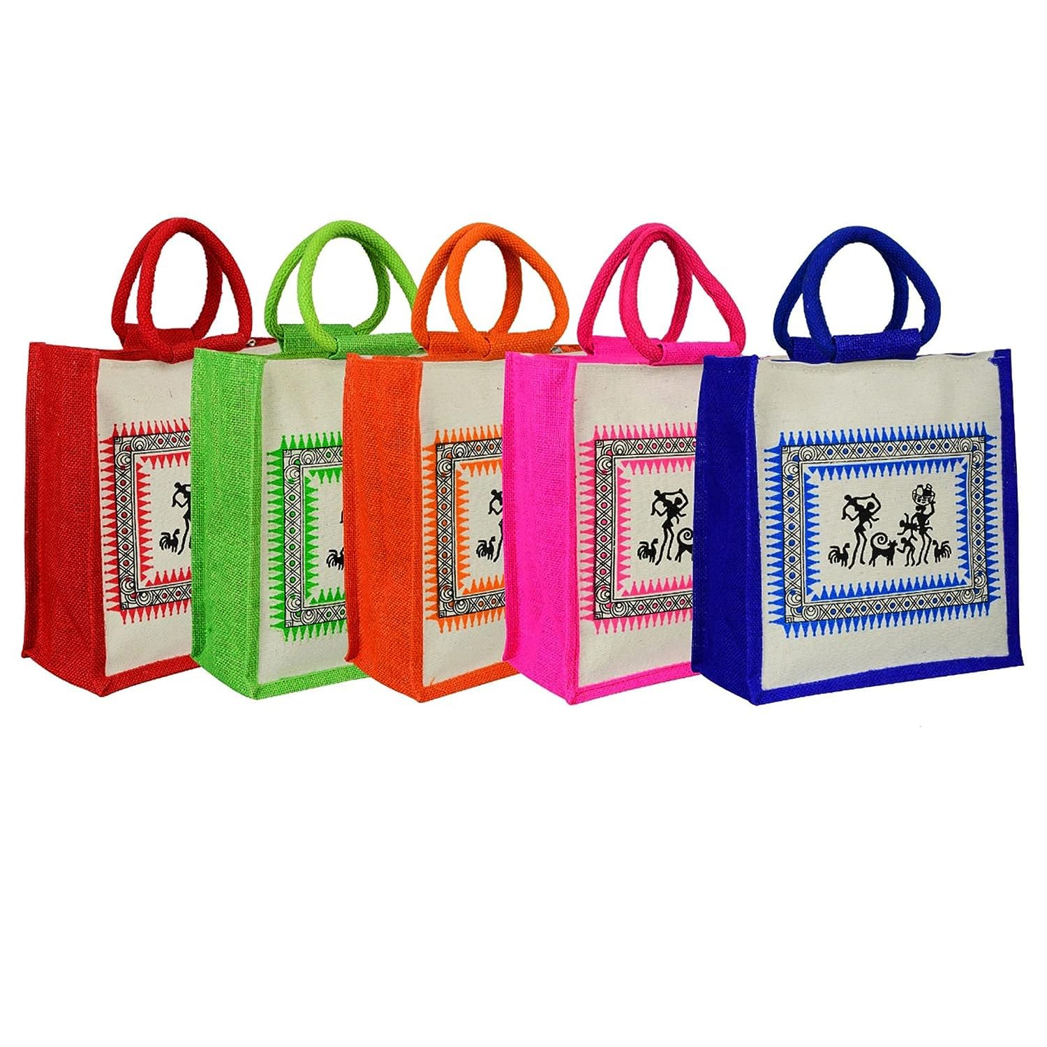 SAINIK's Dry Fruit Mall Multipurpose Reusable Canvas Jute Shopping Tote Bags|Eco-Friendly Ugarwadi Design Shopping Grocery Gift Bag with Handle for Men and Women|Multicolor - Pack of 12 (8 * 10 INCH)