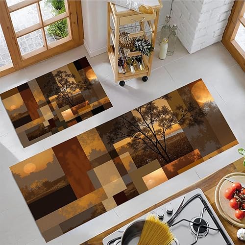 Retro Sunset Forest Kitchen Mats, Abstract Geometry Kitchen Rugs Set of 2, Rust Brown Washable Floor Carpet, Xmas Decor Mats for Hallways Bathroom