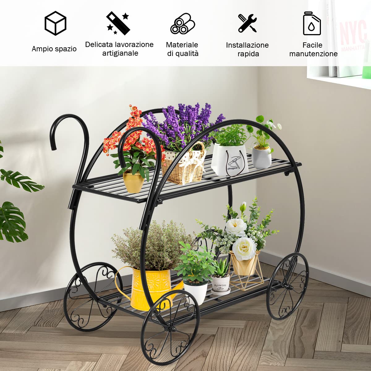GYMAX Scaffale Porta Piante in Ferro, Portafiori per Giardino, Nero (Stile 1-66 x 34 x 62 cm)