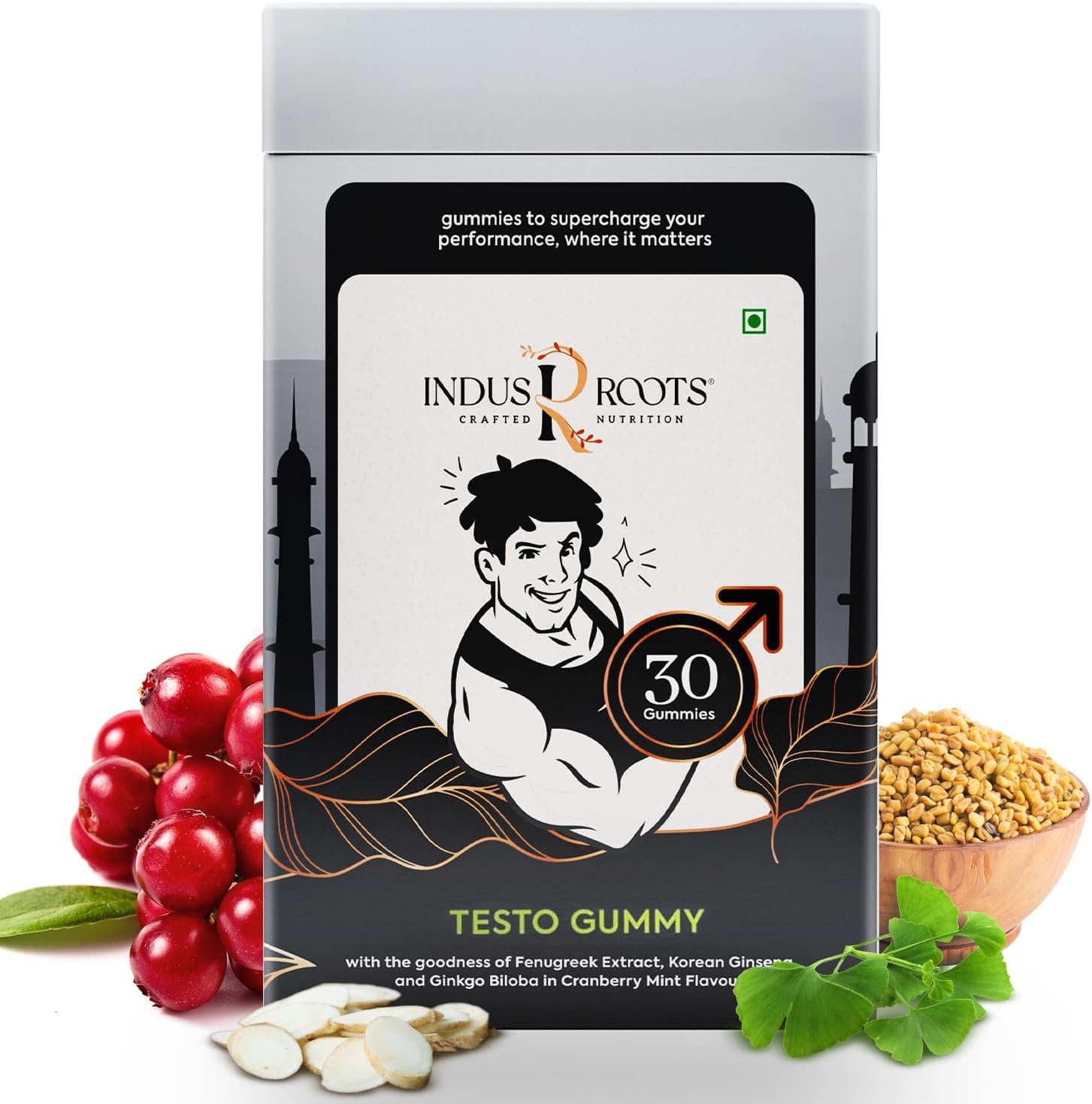 INDUS ROOTSTesto Gummies for Men, With Zinc, Ginkgo Biloba, Fenugreek Extract, Helps to Improve Stamina, Energy, Performance, Muscle Strength, Overall Health, Vegan - 30 Gummies (Pack of 1)