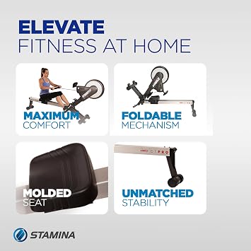 Stamina Pro Dual Air and Magnetic Resistance Rowing Machine Foldable w/Fitness Coaching App and Wireless Chest Strap Heart Monitor - Folding Rowing Machines for Home Use