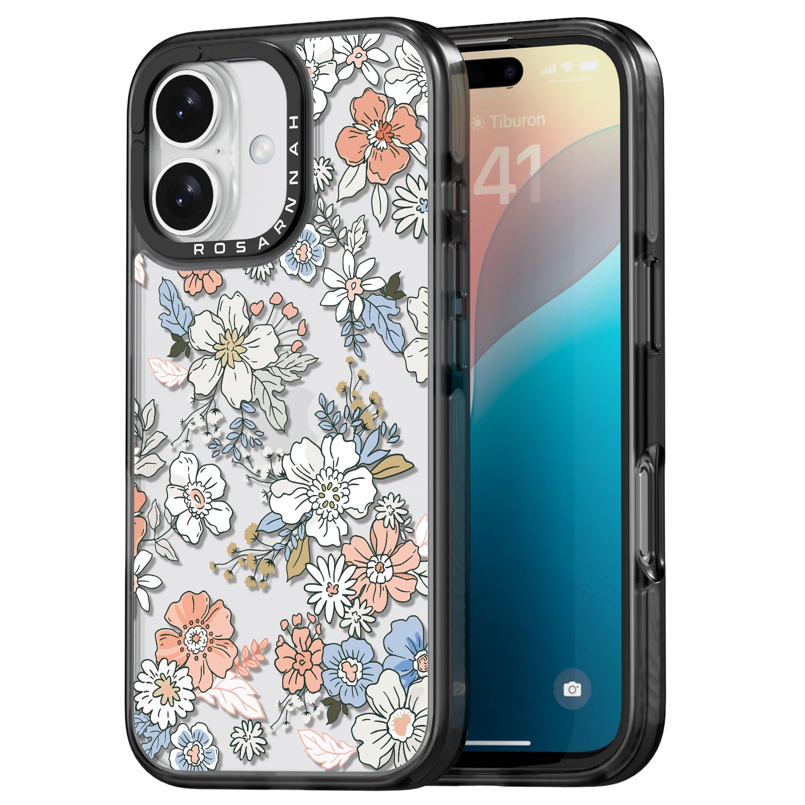 Coque iPhone 16 durable de haute qualité noire à imprimé fleurs de 6,1" - 8