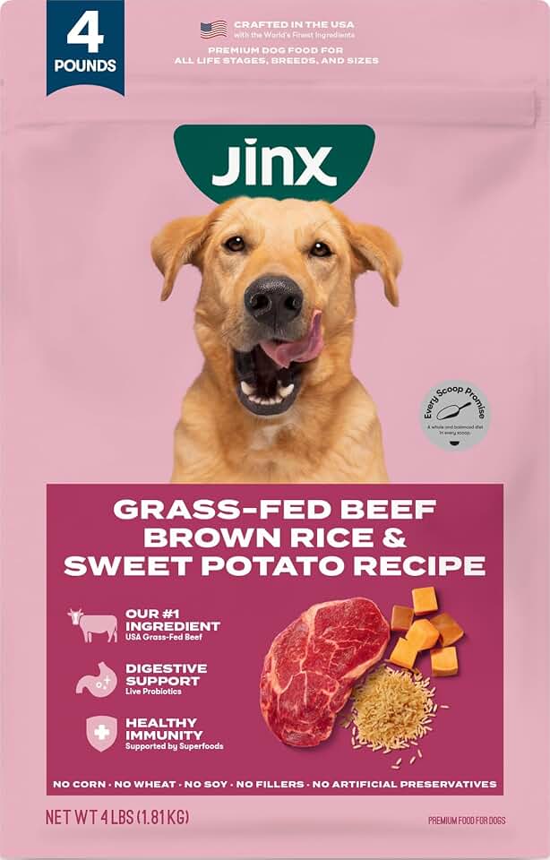 Jinx Dry Dog Food - Grass-Fed Beef, Brown Rice &amp; Sweet Potato, 4lb | Premium Kibble for Digestive Support &amp; Healthy Immunity - No Fillers, All Lifestages (Puppy, Adult &amp; Senior), Breeds &amp; Sizes