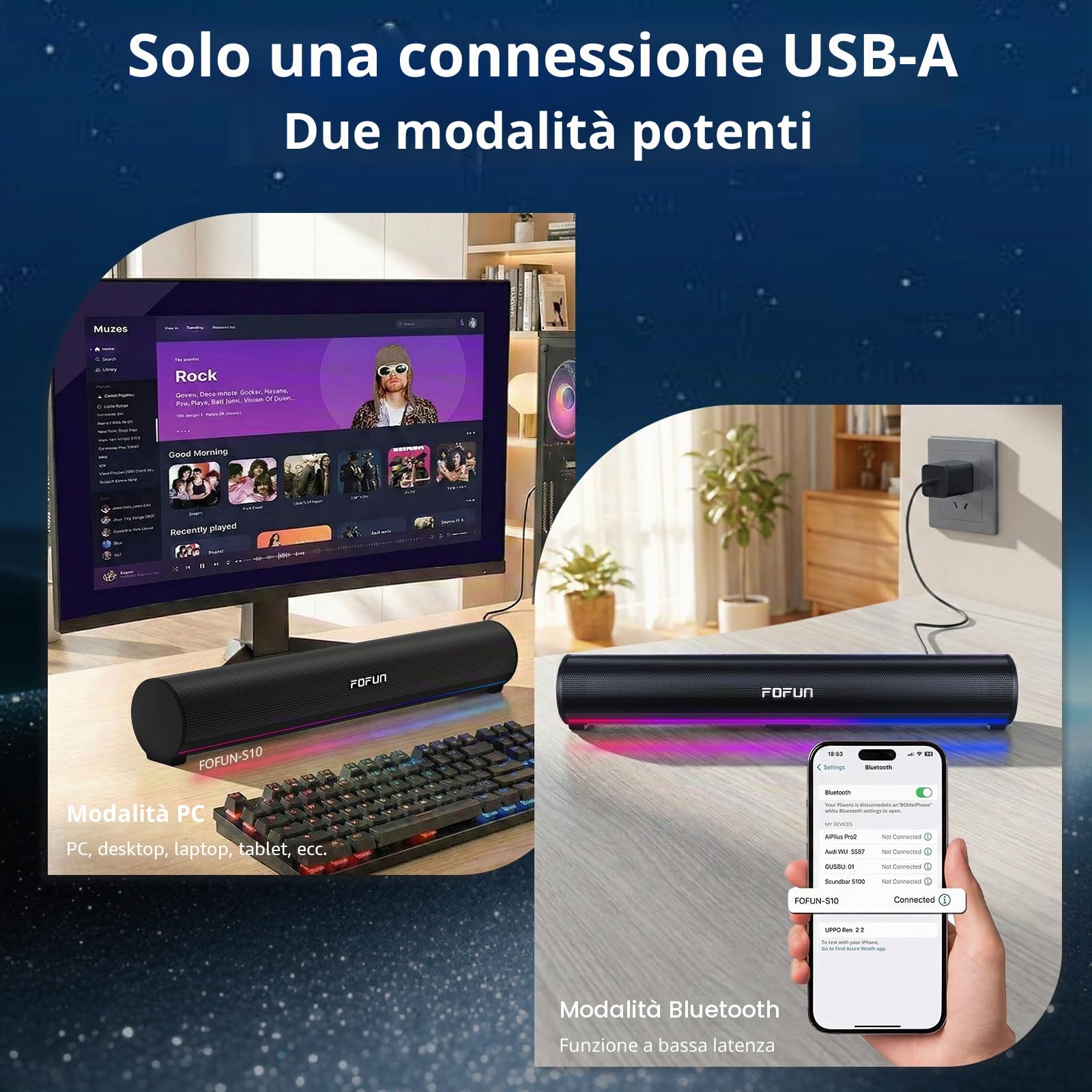 2 in 1 Gaming Soundbar con Microfono Staccabile,Casse per PC con Alimentazione USB, Bluetooth 6.0, Illuminazione LED RGB, 3 EQ Audio per PC Gaming,Laptop,TV,Smartphone