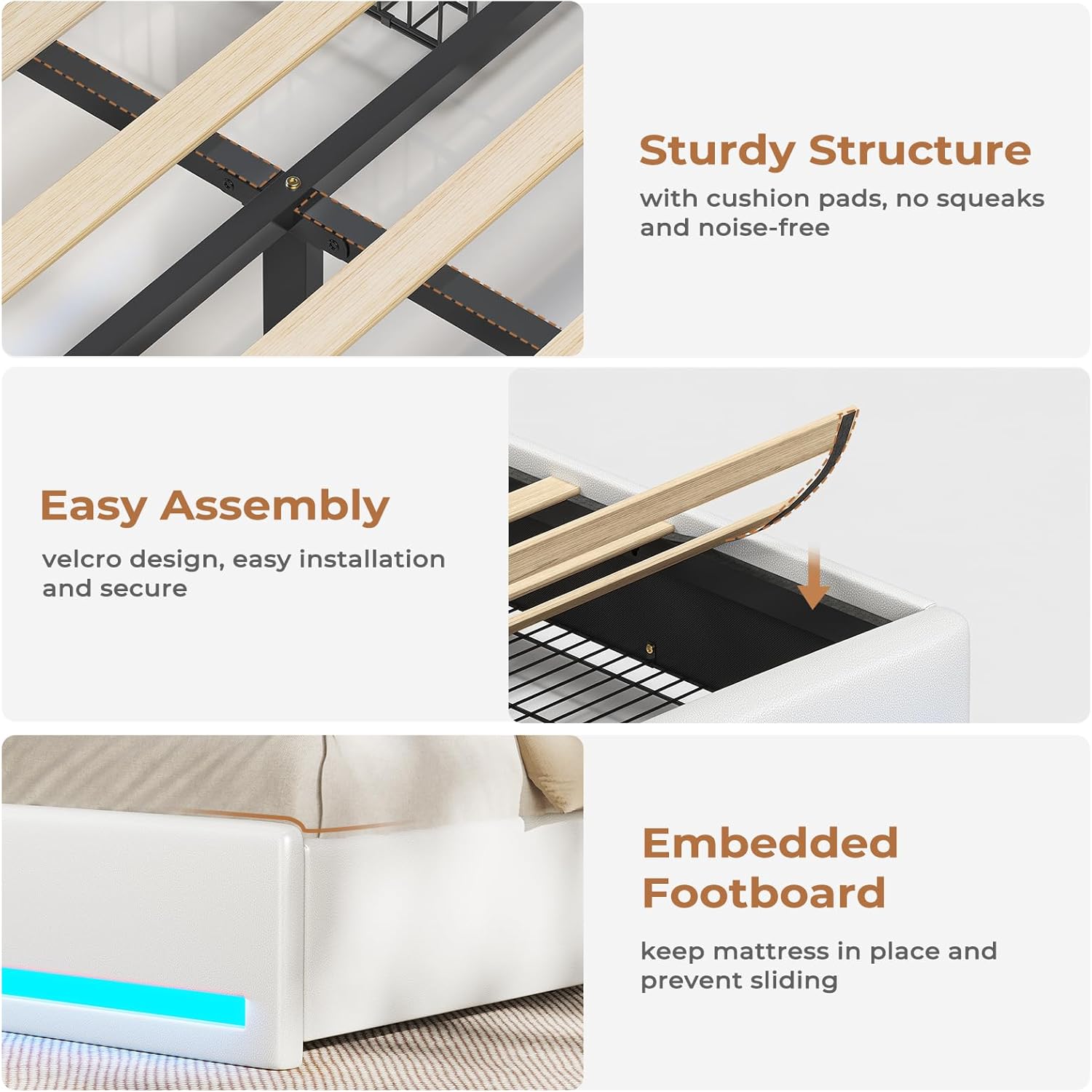 VIAGDO Full Size Bed Frame with Bookcase Headboard and Storage, Upholstered Platform Bed Frame Full Size with Charging Station, 4 Drawers and LED Lights, Heavy Duty, No Box Spring Needed, White