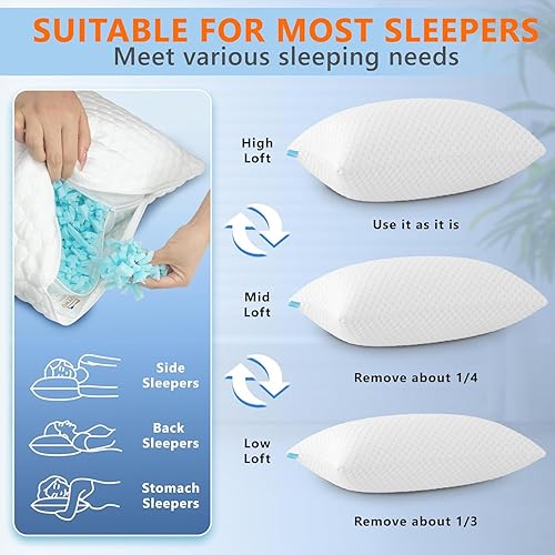 Cooling Pillows Queen Size Set of 2, Memory Foam Pillows with Zipper, Firm Bed Pillows Adjustable for Hot Side Back Stomach Sleepers(White,King(Pack of 1))