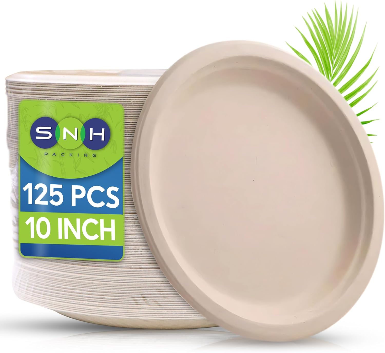 SNH Packing 100% Compostable Plates 10 Inch [125-Pack], Heavy Duty Dinner Paper Plates, Eco-Friendly Biodegradable Sugarcane Bagasse, Natural Brown Disposable Plates for Dessert, Party, BBQ & Picnic