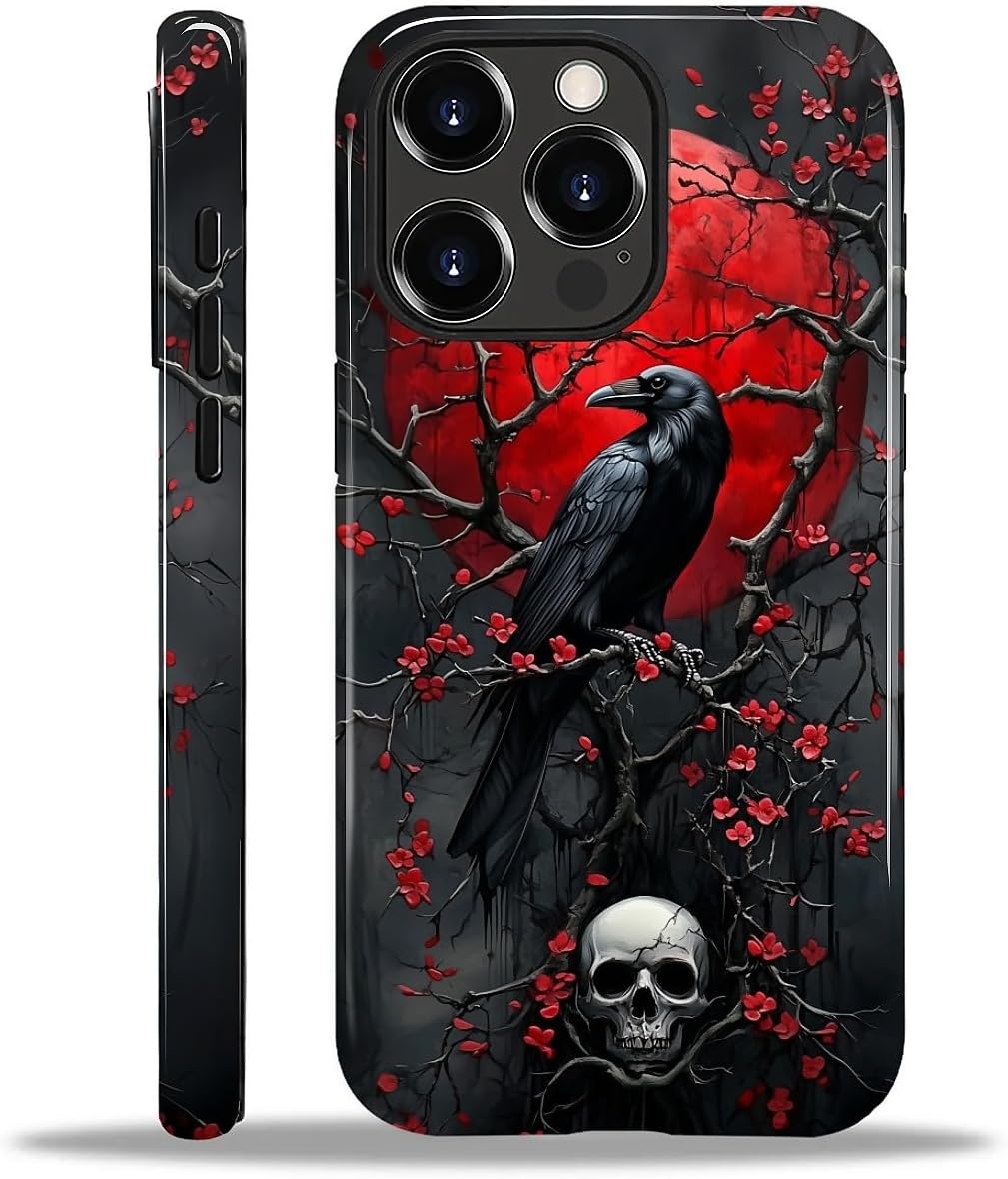 Case for iPhone 12 12 Pro, Hybrid Heavy Duty 2 in 1 Full Body Rugged Shockproof Protection Glossy Case for iPhone 12 12 Pro - Red and Black Raven Skeleton