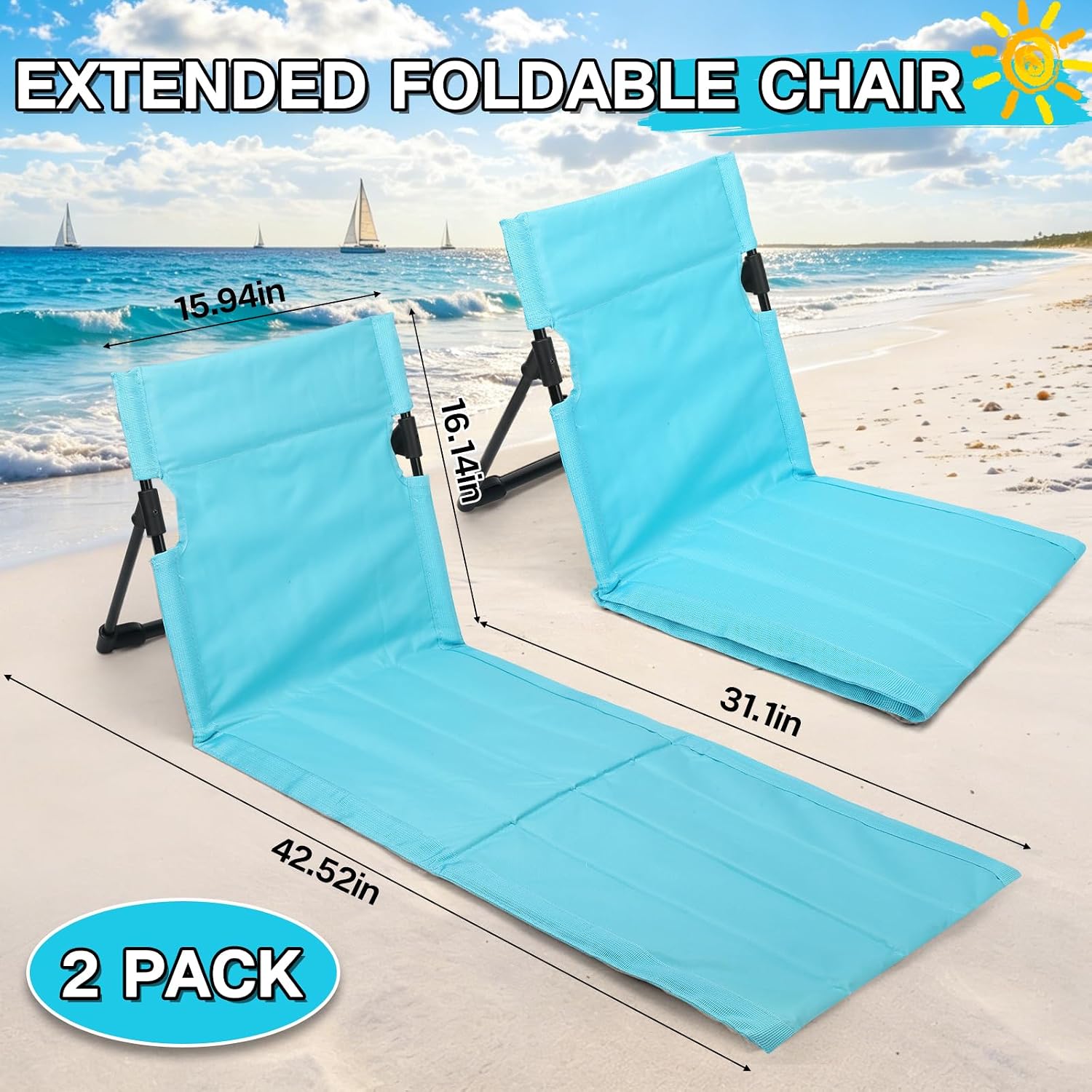 2 Pack Foldable Beach Chairs with Carry Bags, Lightweight Portable Poolside Chairs for Adults, Folding Pool Lounge Chairs for Edge of Pool, Easy Setup for Beach, Camping, Picnic, Travel (Light Blue)