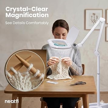 Neatfi LED Magnifying Floor Lamp | 1.75x + 4X (3D + 12D) Magnification | 12W Power | Dimmable 6500K Cool White | Adjustable Arm | Lamp for Reading, Crafts & Precision Work (White, 6.8 Inches)