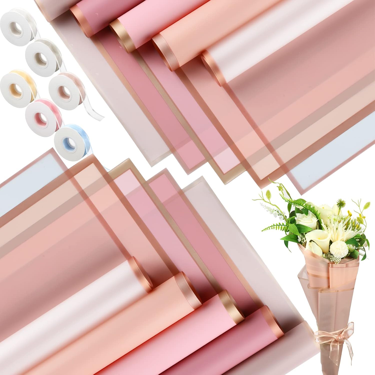 Outus 106 Pcs Valentines Pink Flower Wrapping Paper with Ribbon Waterproof Floral Wrapping Paper Frosted Packaging for Valentine's Day Wedding Birthday Anniversary Decoration