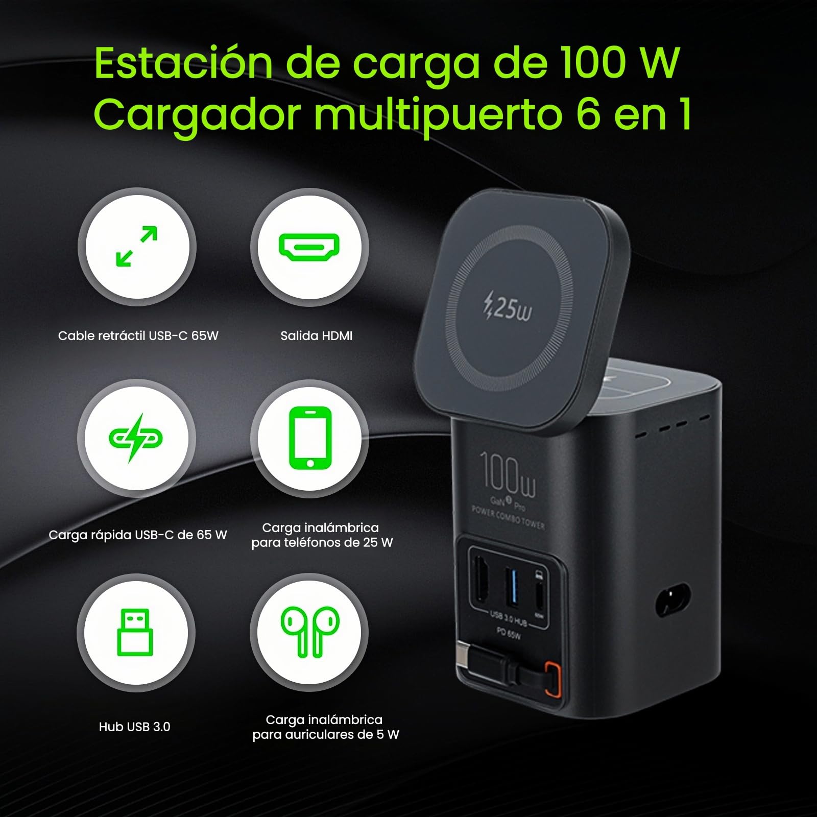 Torre de Carga 6 en 1, Estación de Carga GAN 100W con Cargador Inalámbrico Qi2.2 25W, Cable USB-C Retráctil 65W, Puerto USB-C 65W, HDTV 2.1 8K y Hub USB 3.0 para Oficina y Hogar