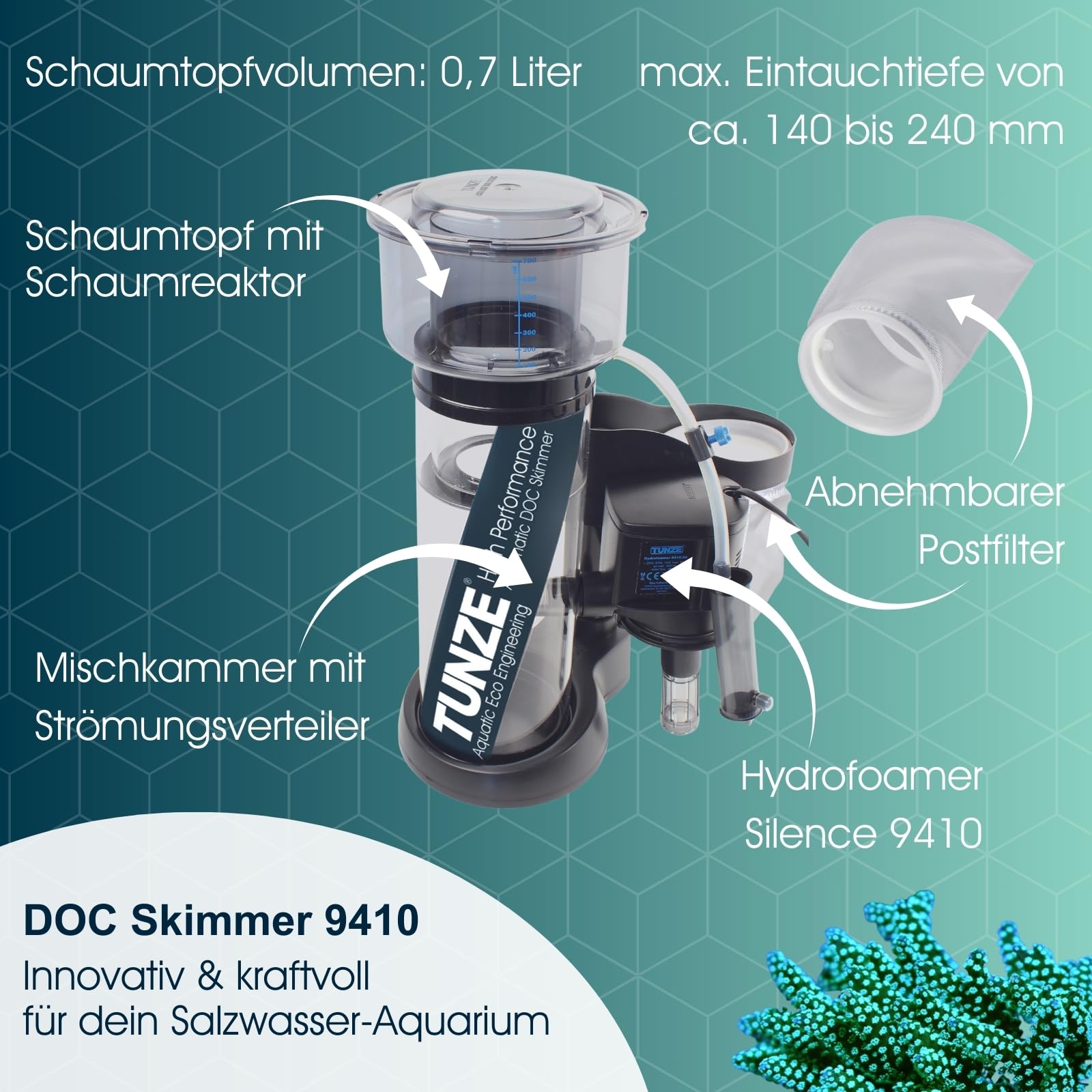 Tunze DOC Skimmer 9410 I Abschäumer für Meerwasseraquarien mit bis zu 1.000 L I energieeffiziente Oberflächenabsaugung I Abschäumen, Filtrieren & Durchlüften von Aquarien I Anti Overfoaming