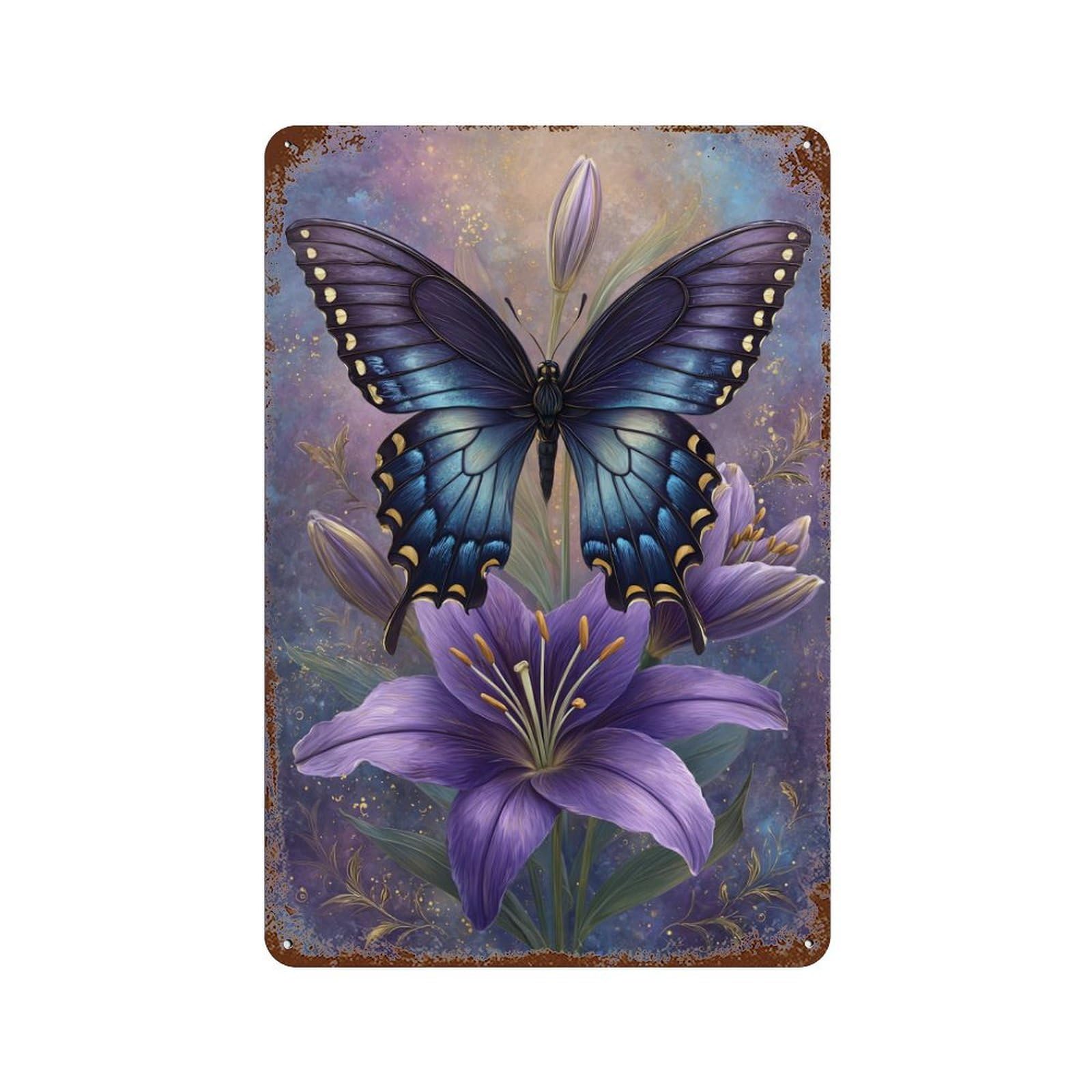 Purple Butterfly Lily Art Print Weathered Tin Sign 11.8"x7.9", Rustic Home Decor for Office, Studio And Wall Decor