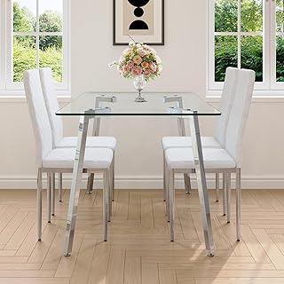 Glass Dining Table Set for 4，Modern 5 Piece Kitchen Table Set for 4 with Silver Legs,51" Dinner Table Set with White Chairs for Apartment,Space Saving