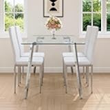 MEMUY Glass Dining Table Set for 4，Modern 5 Piece Kitchen Table Set for 4 with Silver Legs,51