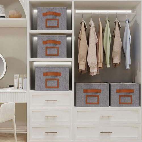 Miniatura 4 de OUTBROS Caja de almacenamiento plegable para estantes, cestas de tela de 15 x 10.2 x 7.9 pulgadas, organizador de armario con asas, adecuado para