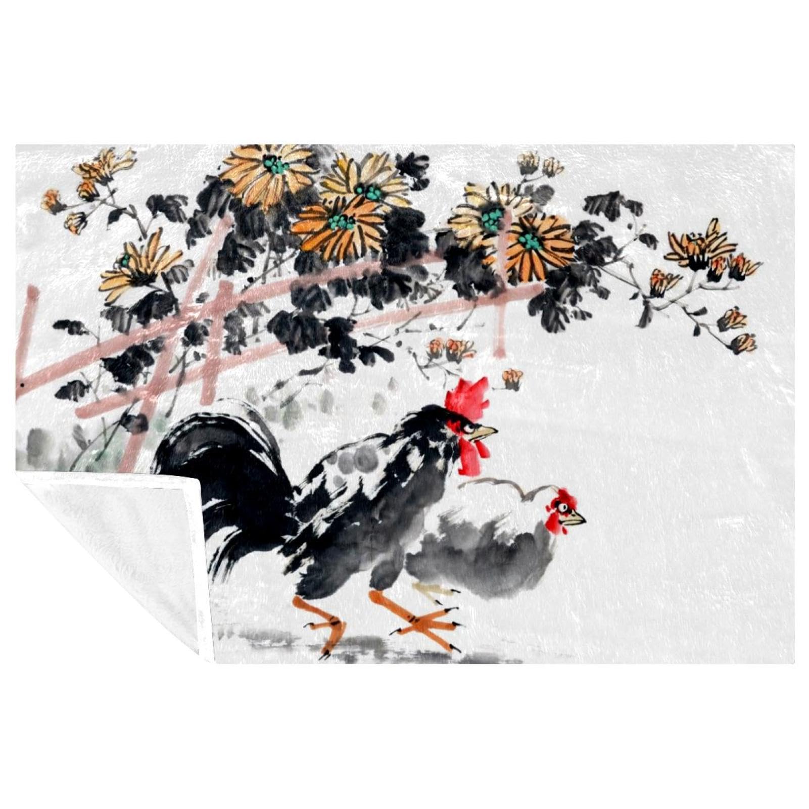 Peinture à l'encre de Chine couverture coq : plaid chaud et doux pour lit, canapé et pique-nique