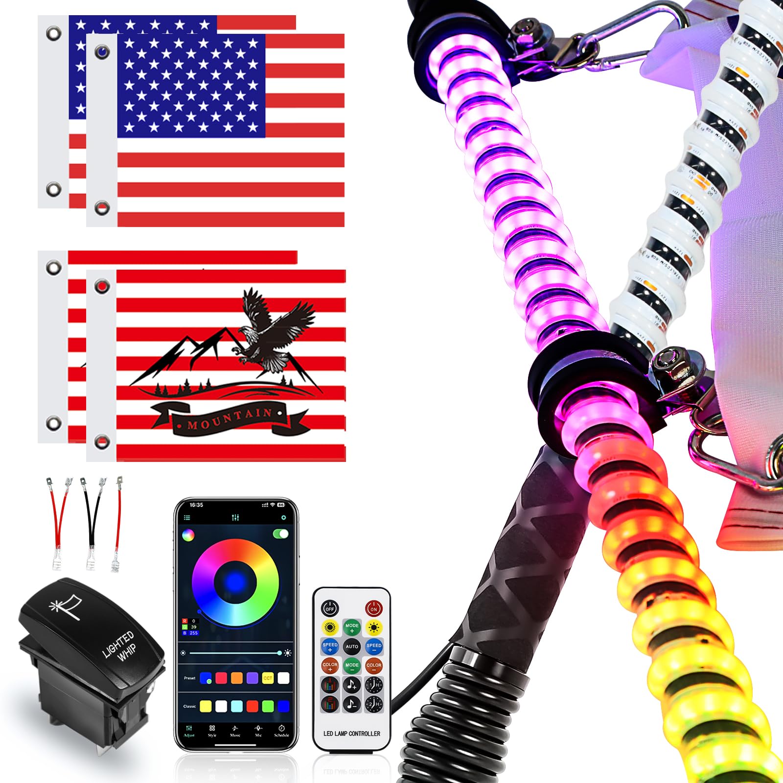 UNI-SHINE 2 PCS 3FT COB LED Whip Light with Spring Base Spiral RGB Chasing Lights Music Antenna Whip Light with APP & Remote Control White Spiral RGB Chasing Lighted Whips with Rocker Switch
