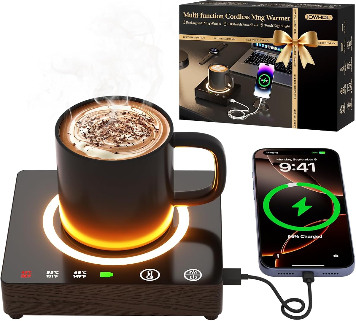 Calentador de tazas, cargador portátil, calentador inalámbrico de tazas de café para escritorio, 3 configuraciones de temperatura, placa de calor de vela inteligente para el hogar, oficina, viajes, camping y regalos