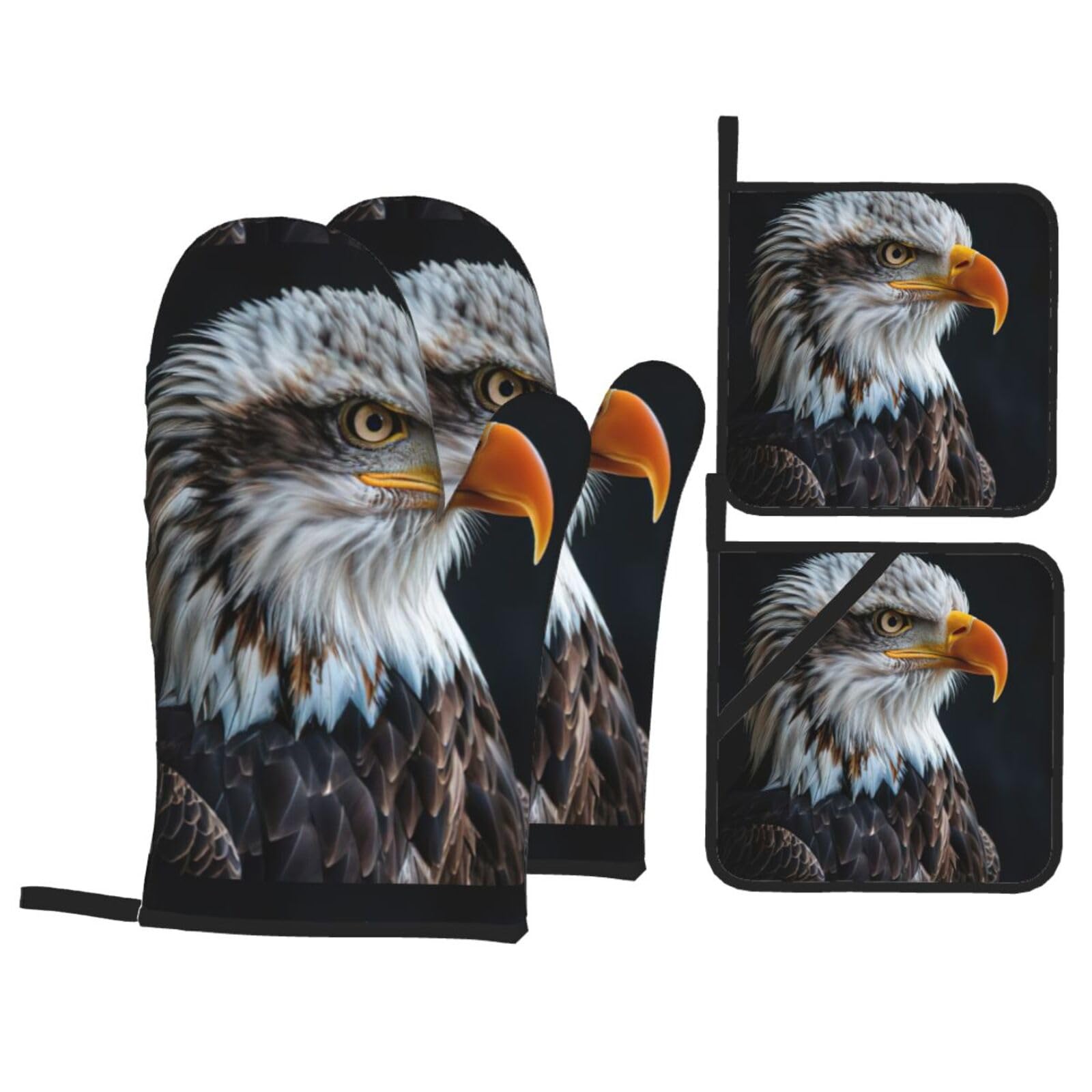 Bald Eagle Print Kitchen Oven Mitts And Pot Holders Set,Hanging Loop Design For Cooking Baking Bbq