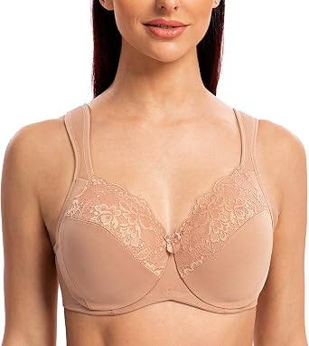 MELENECA Womens Full Coverage Underwire Bra Minimizer Plus Size Lace Comfortable Cushion Strap Cappuccino 44D