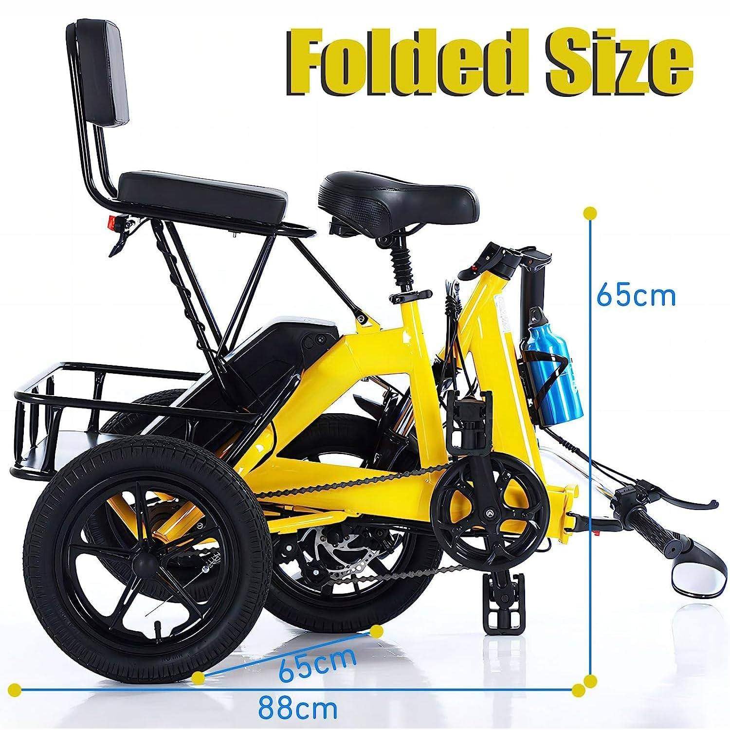 Triciclo elettrico per adulti, robusto, pieghevole, a 3 ruote con sedile passeggero, ampio cestino, capacità di carico di 180 kg, ideale per la spesa e i viaggi.