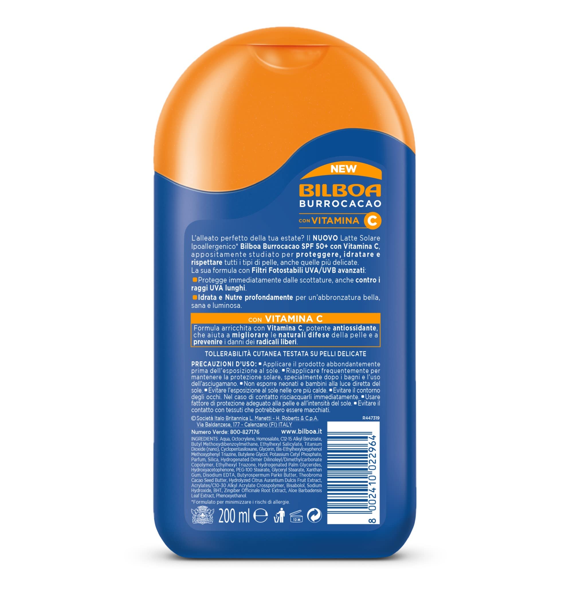 Bilboa, Burrokakao Mleko Słoneczne SPF 50+, Bardzo Wysoka Ochrona Słoneczna dla Wrażliwej Skóry Formuła z Witaminą C, Nawilża, Odżywianie i Chronia, Bez Alkoholu, Testowane dermatologicznie, 200 ml