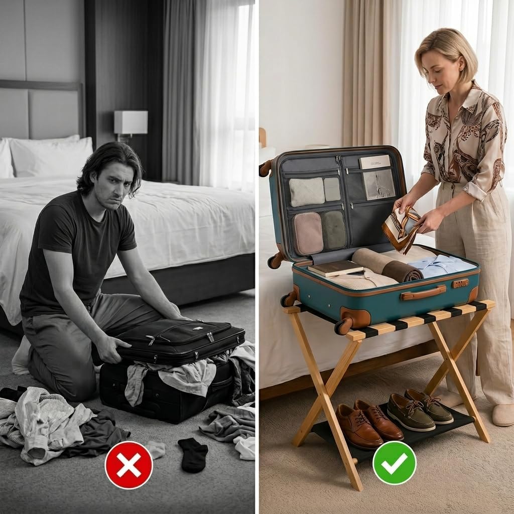 Luggage Rack, Fully Assembled Bamboo Suitcase Stand with Fabric Shelf, Heavy Duty Foldable Luggage Holder, No Assembly Required for Guest Room Bedroom Hotel,Natural