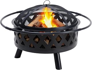 OLIXIS 36 Inch Wood Burning Fire Pit with Spark Screen & Poker - Round Outdoor Patio Backyard Bonfire Pit, Black