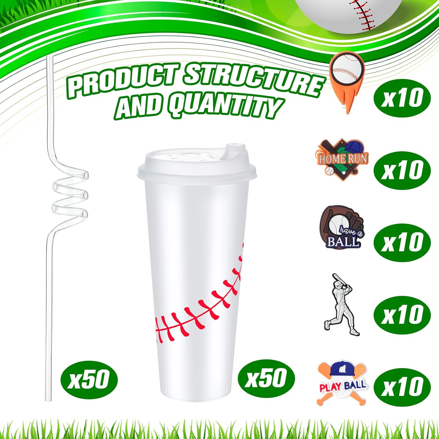 2 50 Sets Baseball Plastic Tumbler with Lid and Straw Stickers Baseball Cups 24 oz Reusable Plastic Stadium Cups Party Favors for Coach Men Women Gifts Travel Birthday Sport Event - Image 2