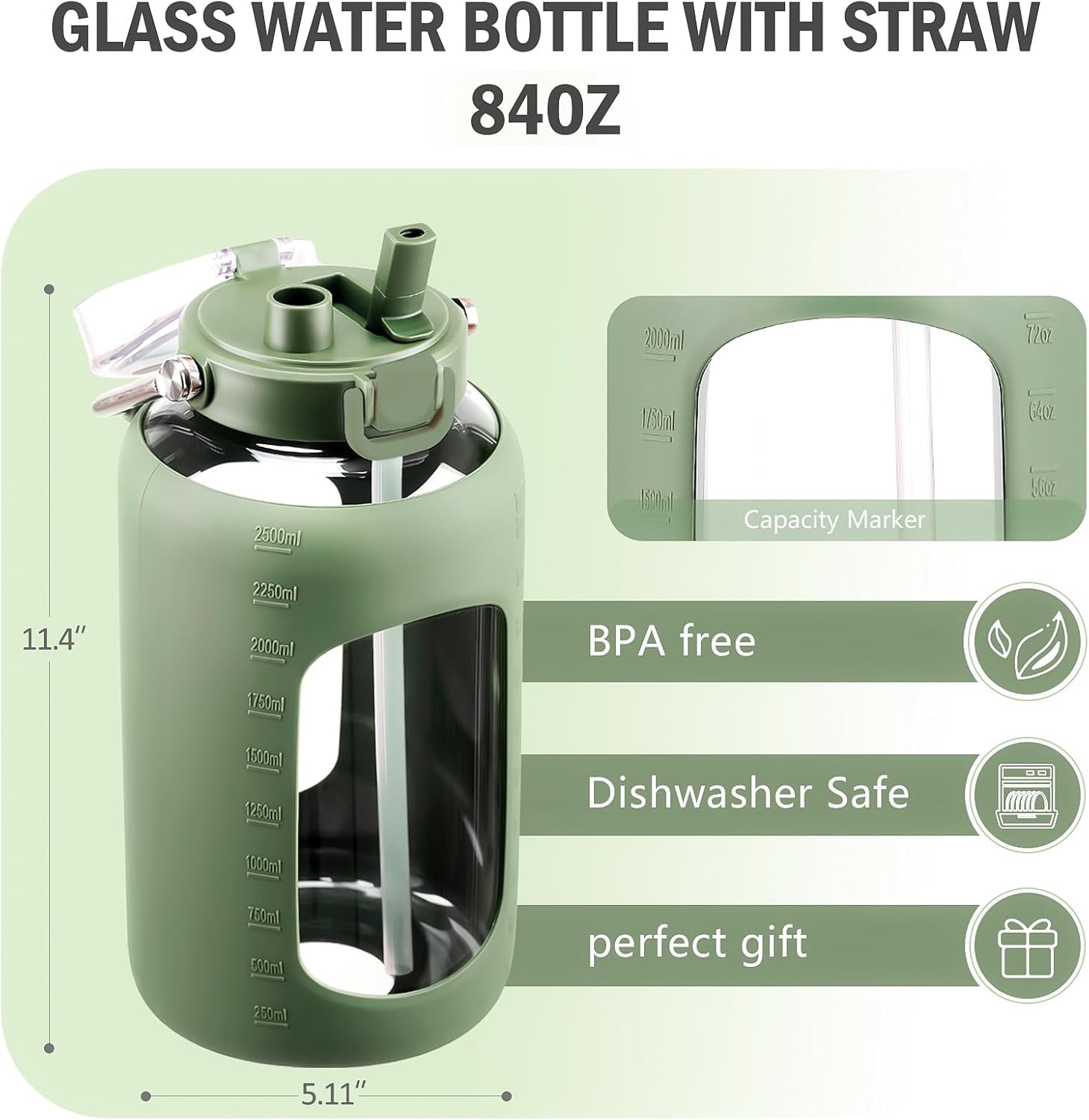 BLUEGO 84oz Water Bottle Glass with Stainless Steel Handle Large 2.5l Water Bottle with Time Markers and Silicone Sleeve Half Gallon Water Jug BPA Free for Gym Daily Use, Olive - Image 2
