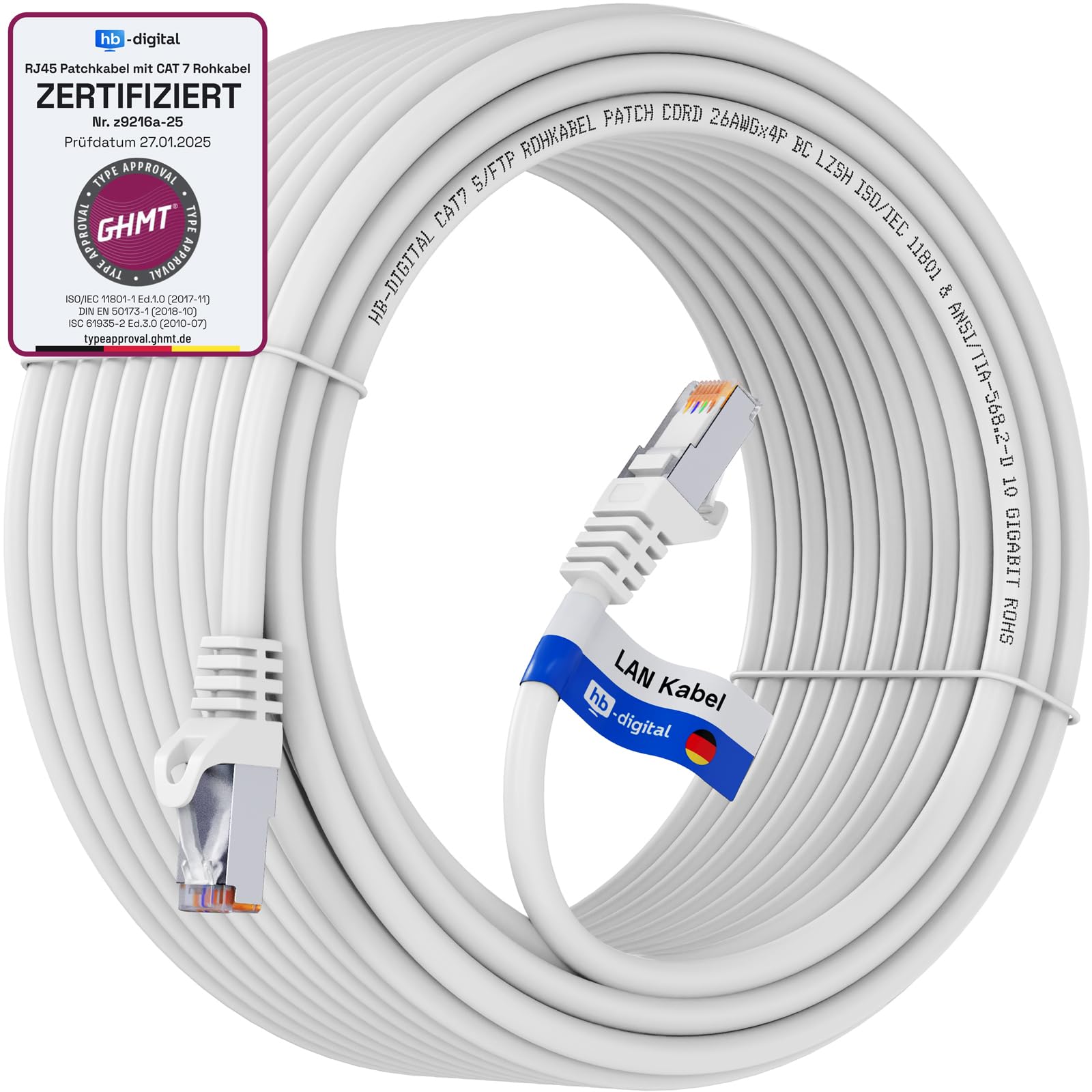 HB-DIGITAL 20m CAT 7 Cable Ethernet LAN S/FTP PiMF LSZH AWG26 Cable de Red con CAT 6A RJ45 Conectores hasta 10 Gbits/600 MHz Ideal para Patchpanel Servidor PC Laptop Smart TV DSL Blanco