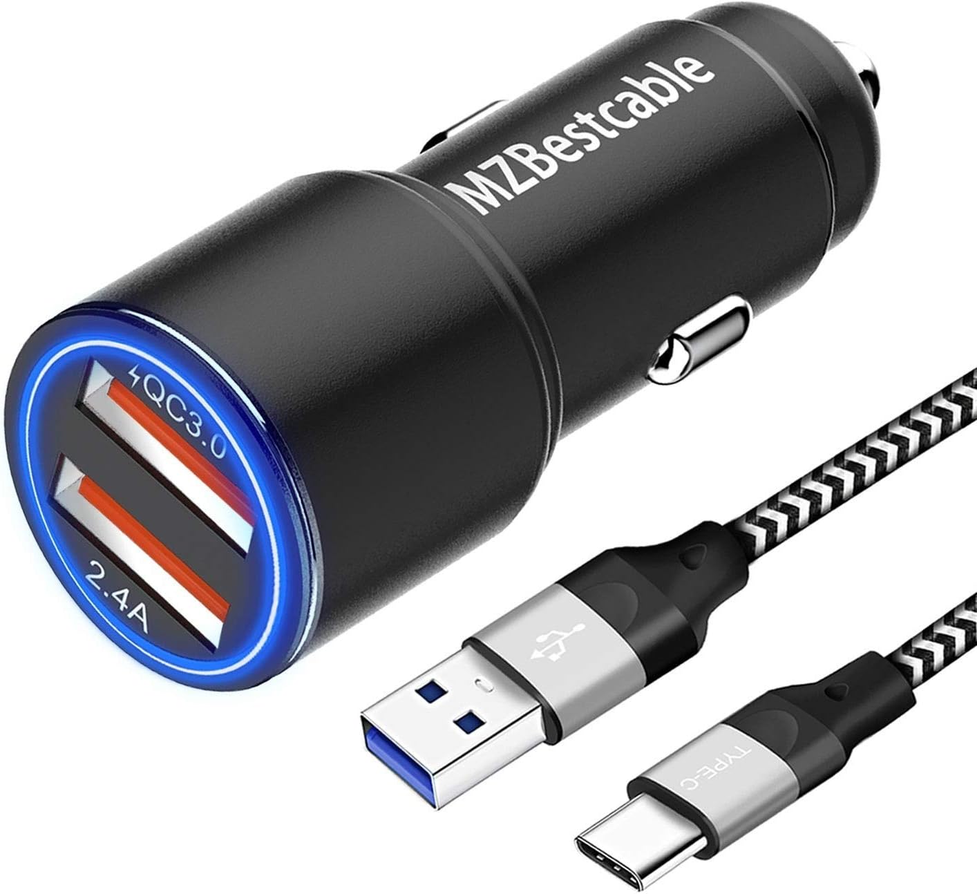 Fast Car Charger for Samsung S21 S20 Plus Ultra FE 5G A52 A32 S10 S9 A41 A31 A21S A50 A70 A40 A20E,Sony Xperia 1 5 ii III XZ3 L4 L3,30W Cigarette Lighter USB Adapter Plug Quick Charge 3.0+2M C Cable