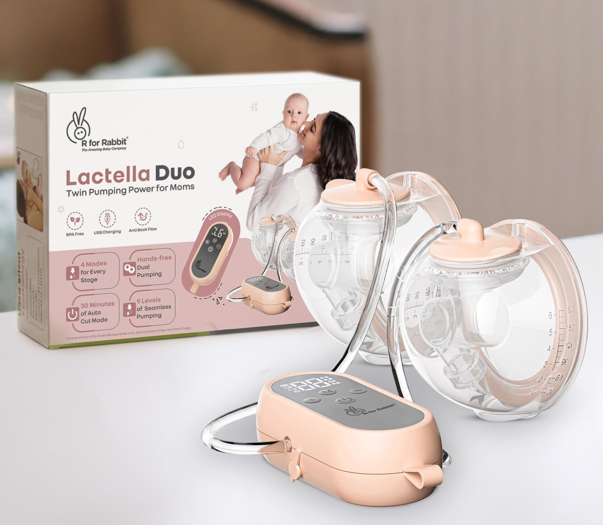R for Rabbit Lactella Duo Electric Breast Pump Four Modes & Nine Levels of Pumping Anti-Backflow System Rechargeable Lightweight & Portable Milk Pump for Breastfeeding Mothers (Peach)-image-8