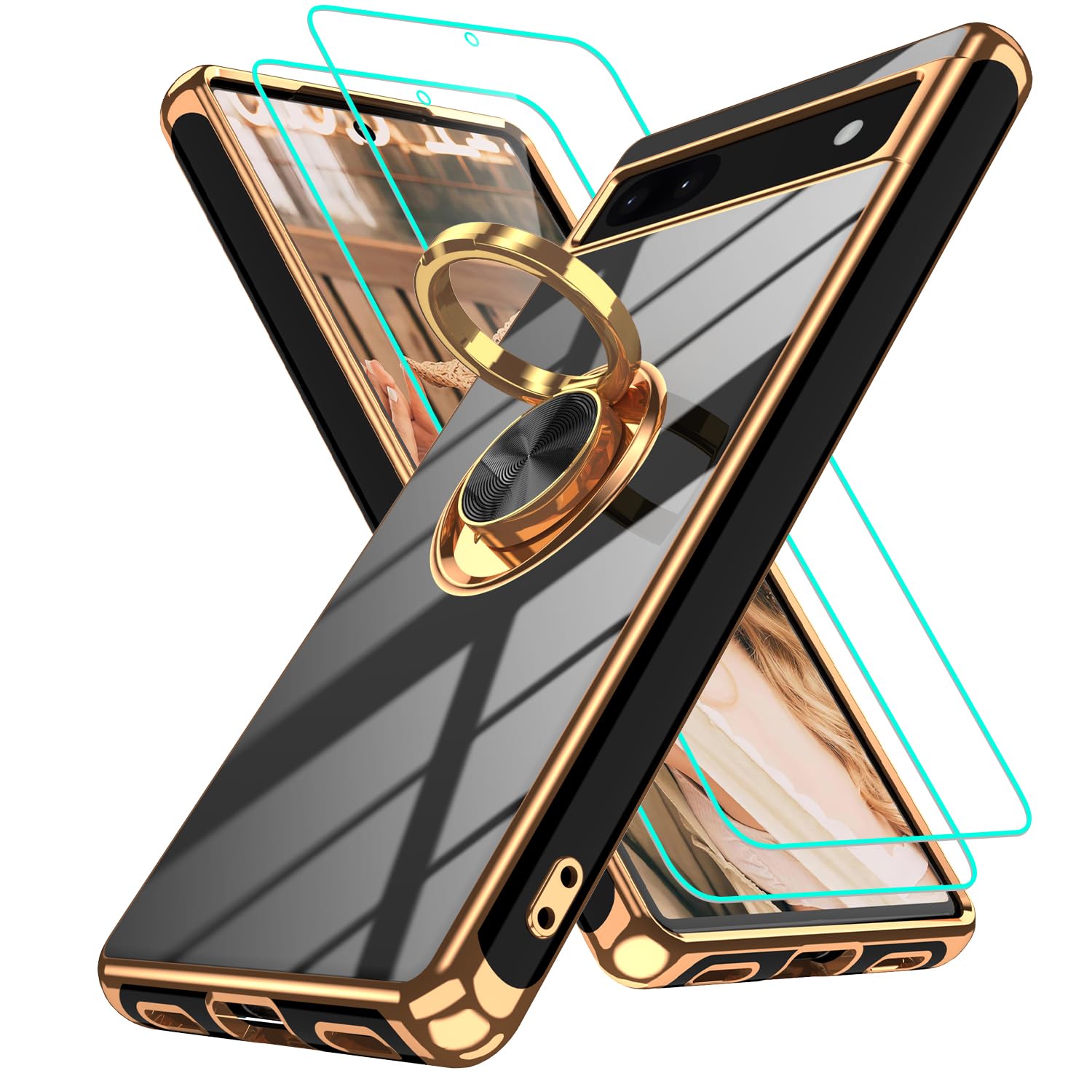 Gritup for Google Pixel 6A Case with 2Pcs Screen Protector | 360° Rotation Ring Holder Magnetic Kickstand | Plating Gold Edge Soft TPU Protective Basic Funda para Cover for Pixel 6A Phone Black Global Recycled Standard Global Recycled Standard Global Recycled Standard