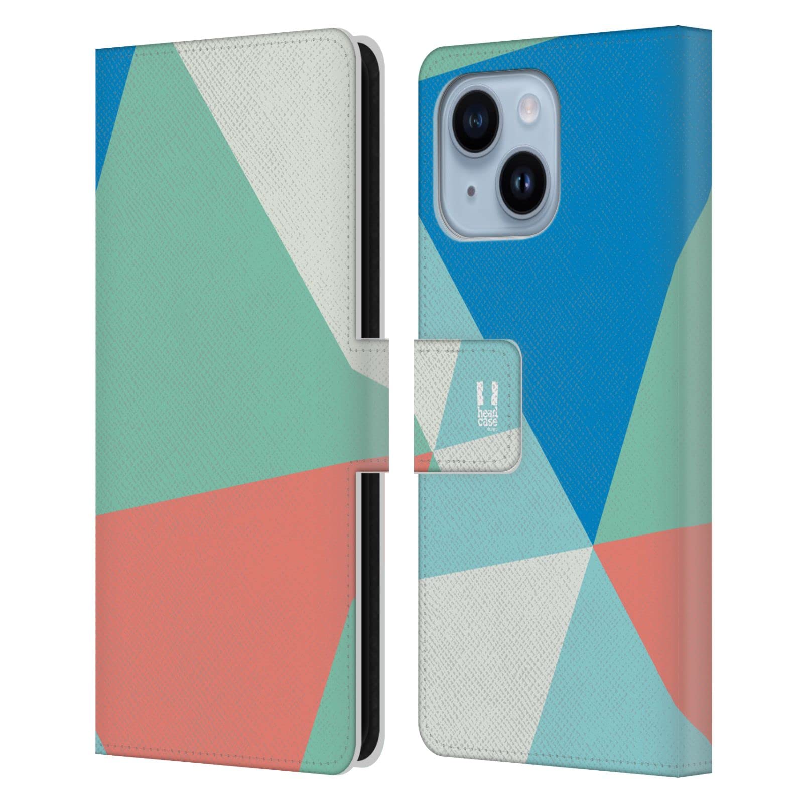 Coque iPhone 14 Plus portefeuille cuir protection triangles bleu clair