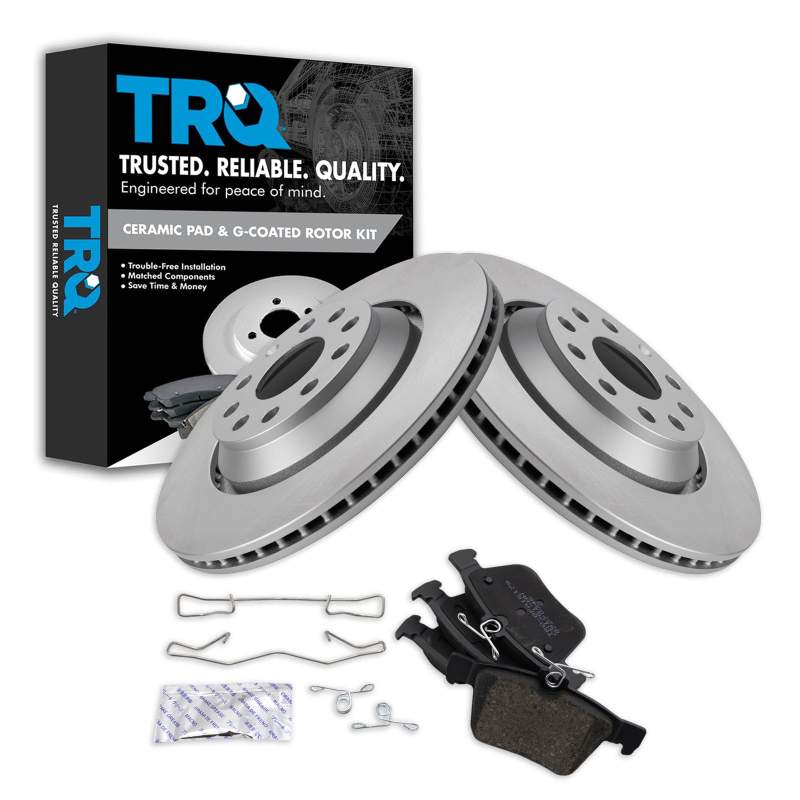 TRQ Rear Brake Pad and Rotor Set Ceramic G Coated Vented Rotors Compatible with 2019 Audi A3 2018-2019 RS3 Atlas 2015-2018 S3 2019 Arteon 2015-2019