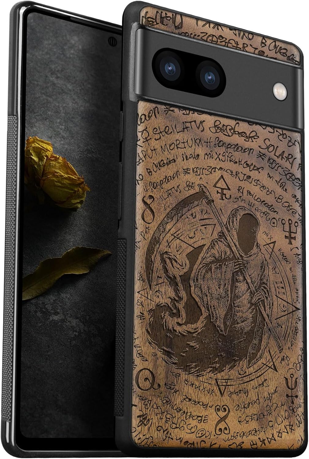 Carveit Wood Case for Pixel 8 Case [Natural Wood & Black Soft TPU] Shockproof Protective Unique Wooden Cover Compatible with Google Pixel 8 (Death's Head Moth-Blackwood)