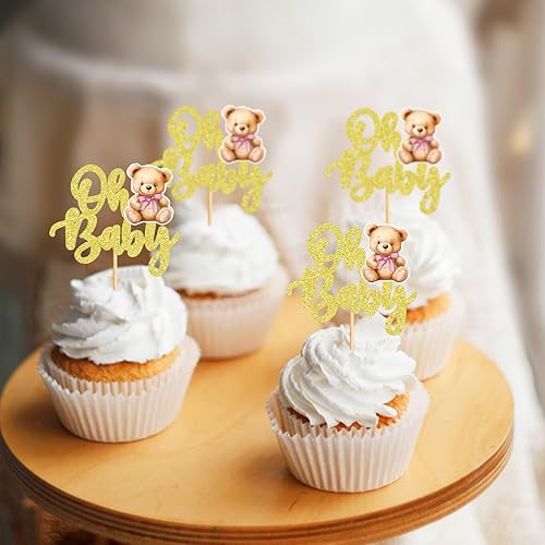 Miniatura 9 de 24 piezas con texto en inglés We Can Bearly Wait Oh Baby Cupcake Toppers Bear Cupcake Picks Caricatura Decoración de Cumpleaños Baby Shower Cake