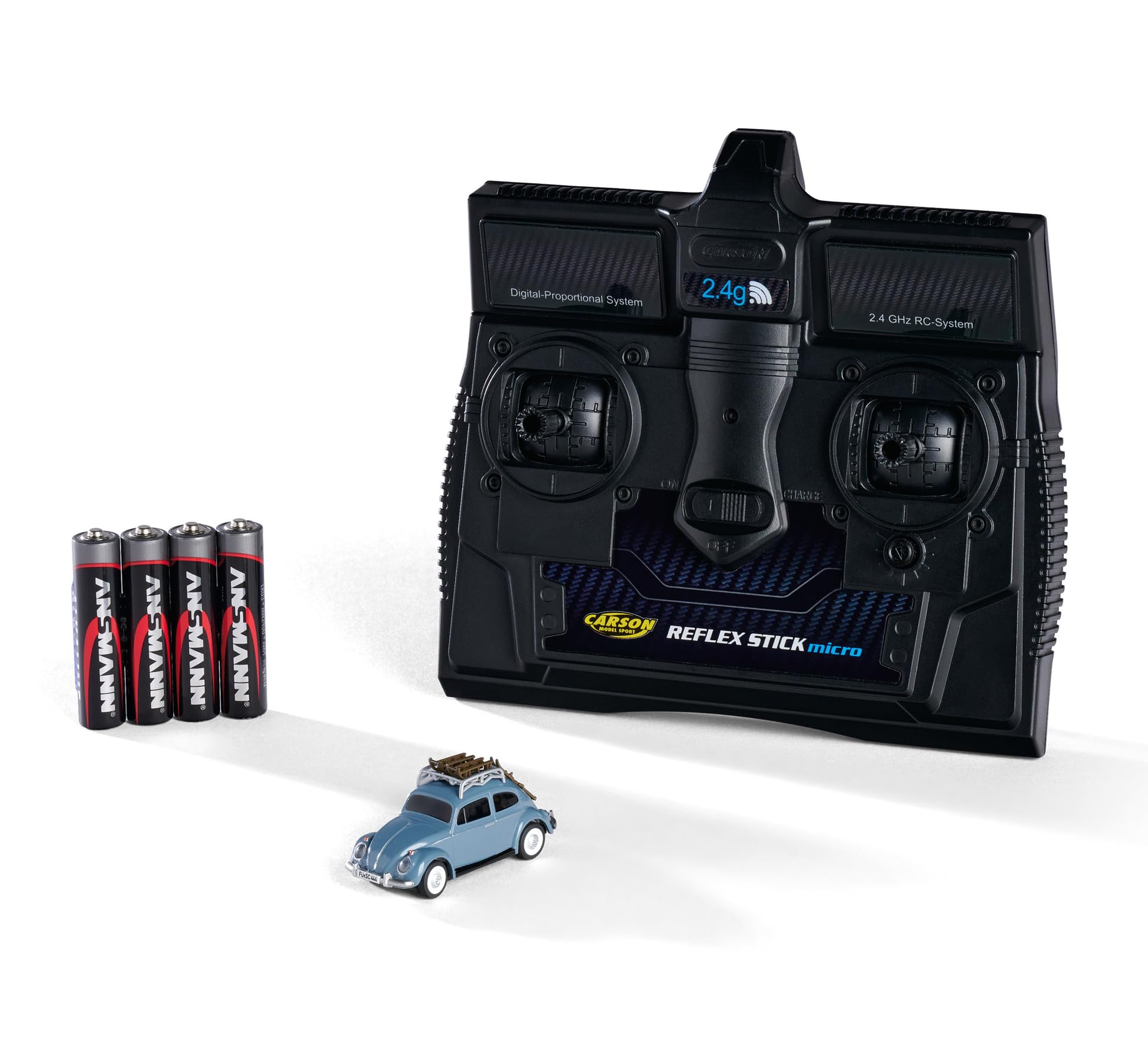 Carson 500504149 1:87 VW Beetle Winter Sport Version 2.4GHz 100% - Ready-to-Drive Model, RC Car, H0 Car, RC Model, Diorama Vehicle